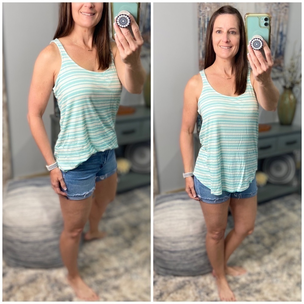 ❤️‍🔥Ribbed Striped Scoop Neck Summer Floaty Tank Top Tunic Mint 1422